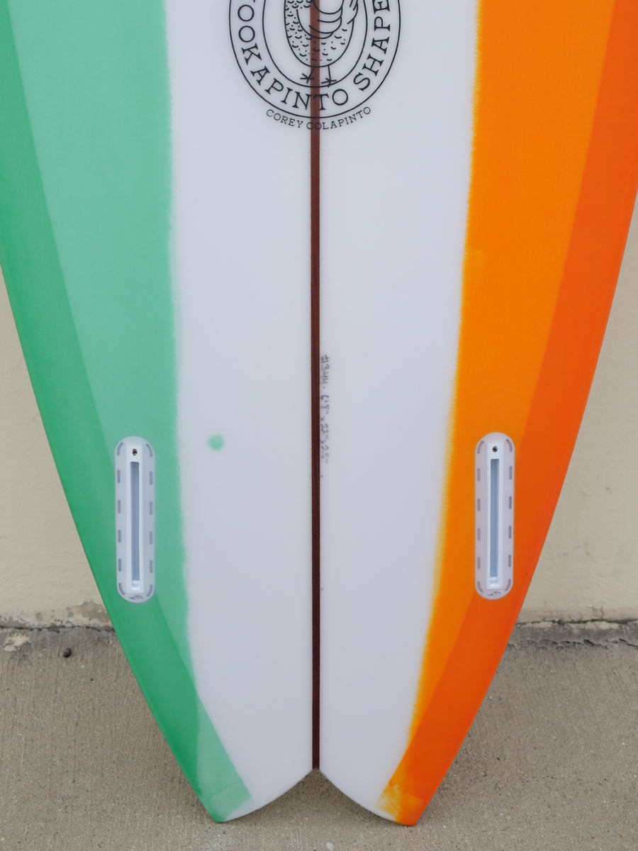 6'8" Fishy Noserider - Green, Clear, and Orange Surfboard