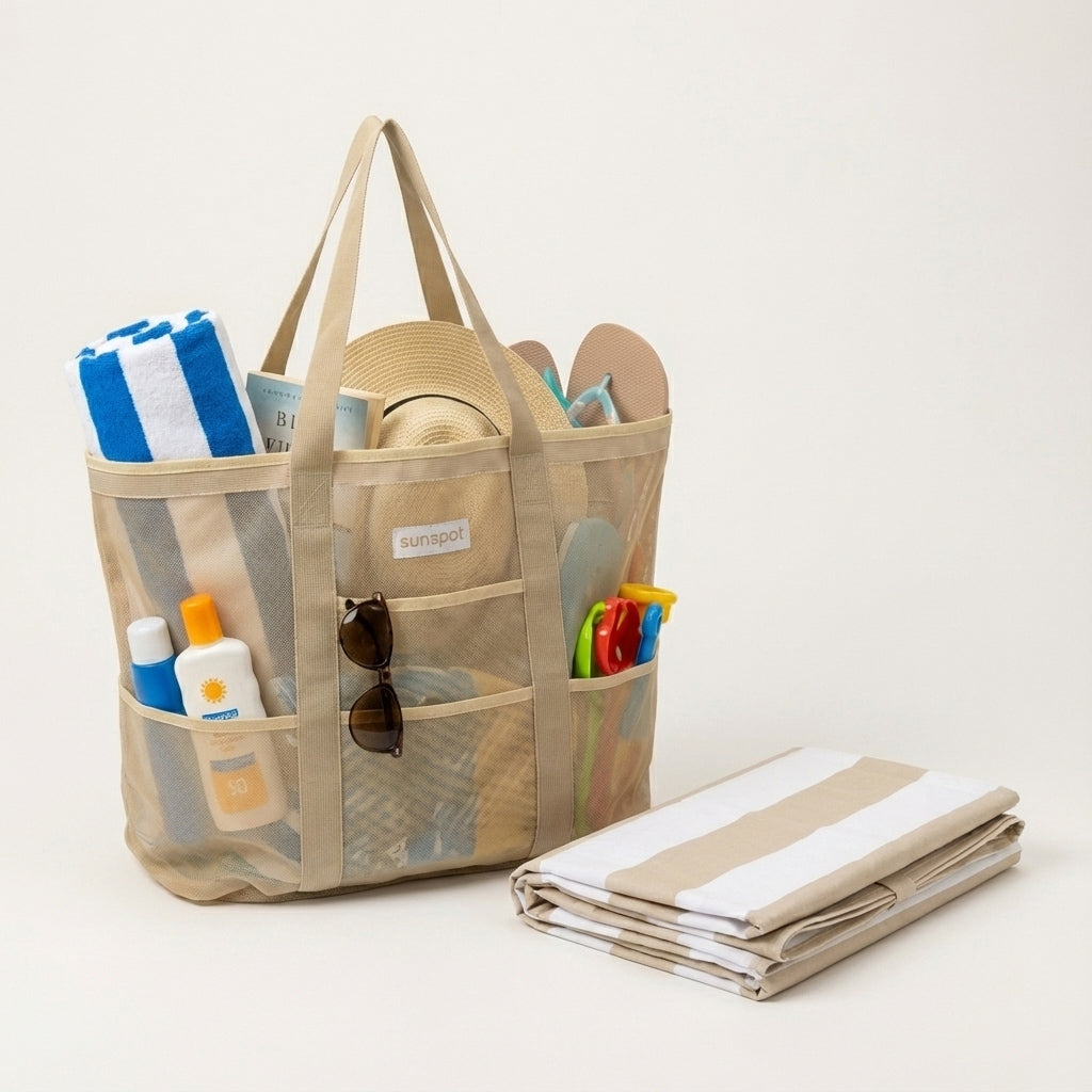 Mesh Beach Tote with Pull-out blanket - Surf Bored