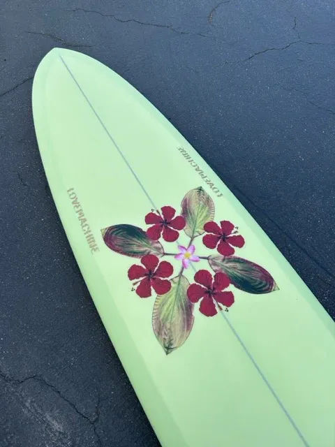 LOVE MACHINE 7'4" THICK LIZZY I GREEN WITH FLOWERS SURFBOARD