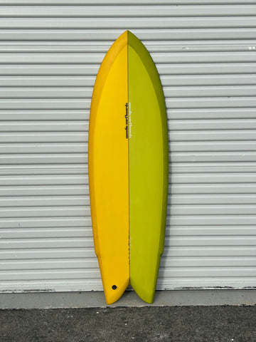 WOODIN SURFBOARDS | 5’10” LITTLE WING GOLDEN YELLOW & KIWI GREEN SURFBOARD