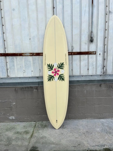 LOVE MACHINE 7'10 THICK LIZZY I TAN WITH FLOWERS SURFBOARD