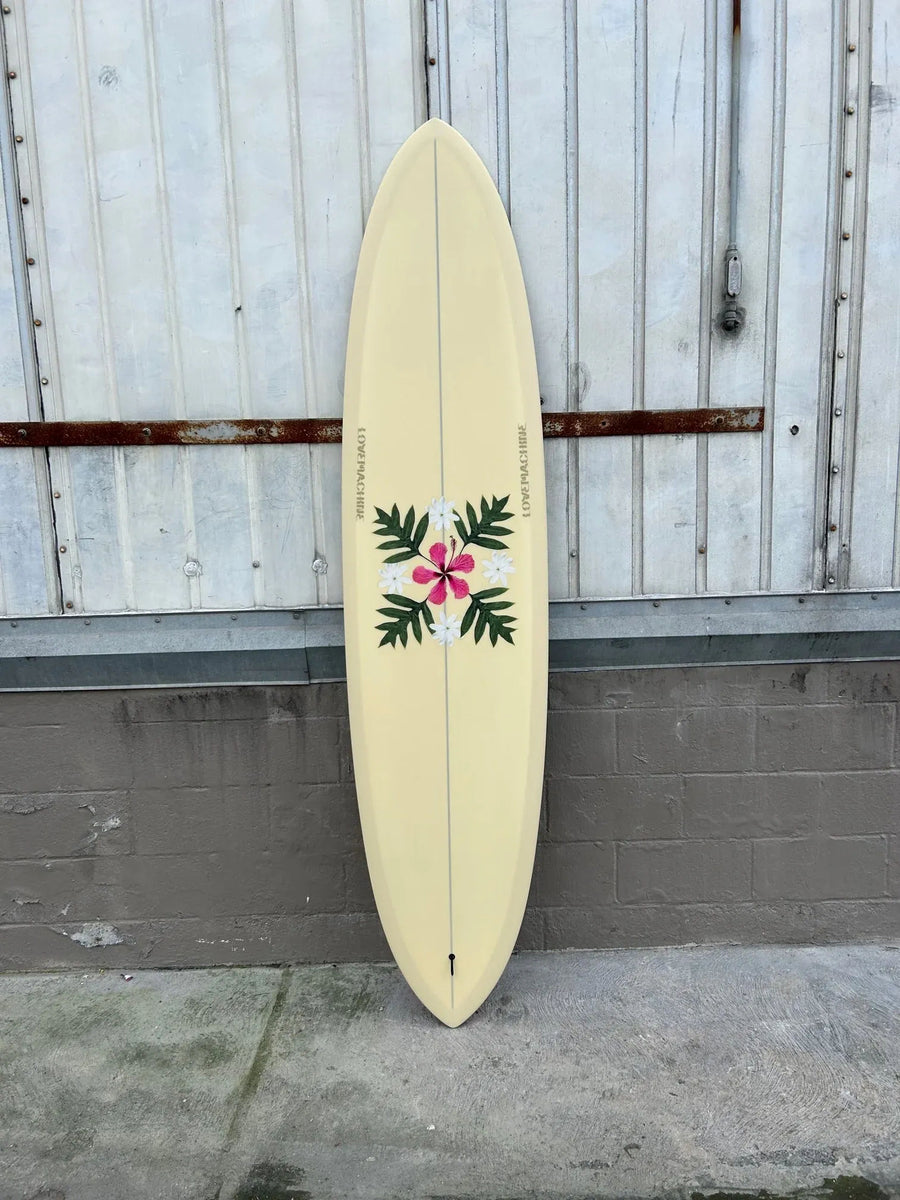 LOVE MACHINE 7'10 THICK LIZZY I TAN WITH FLOWERS SURFBOARD