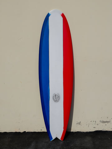 7'0" Fishy Noserider Red, Clear, and Blue Double Stringer Surfboard