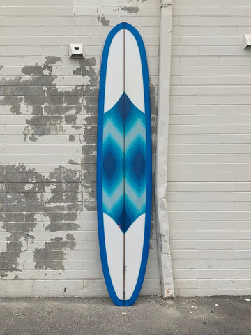 Woodin Surfboards Surfboards Woodin Surfboards | Grateful Sled 9’6” Blue Resin Time With Psychedelic Fabric Inlay Longboard  - SurfBored
